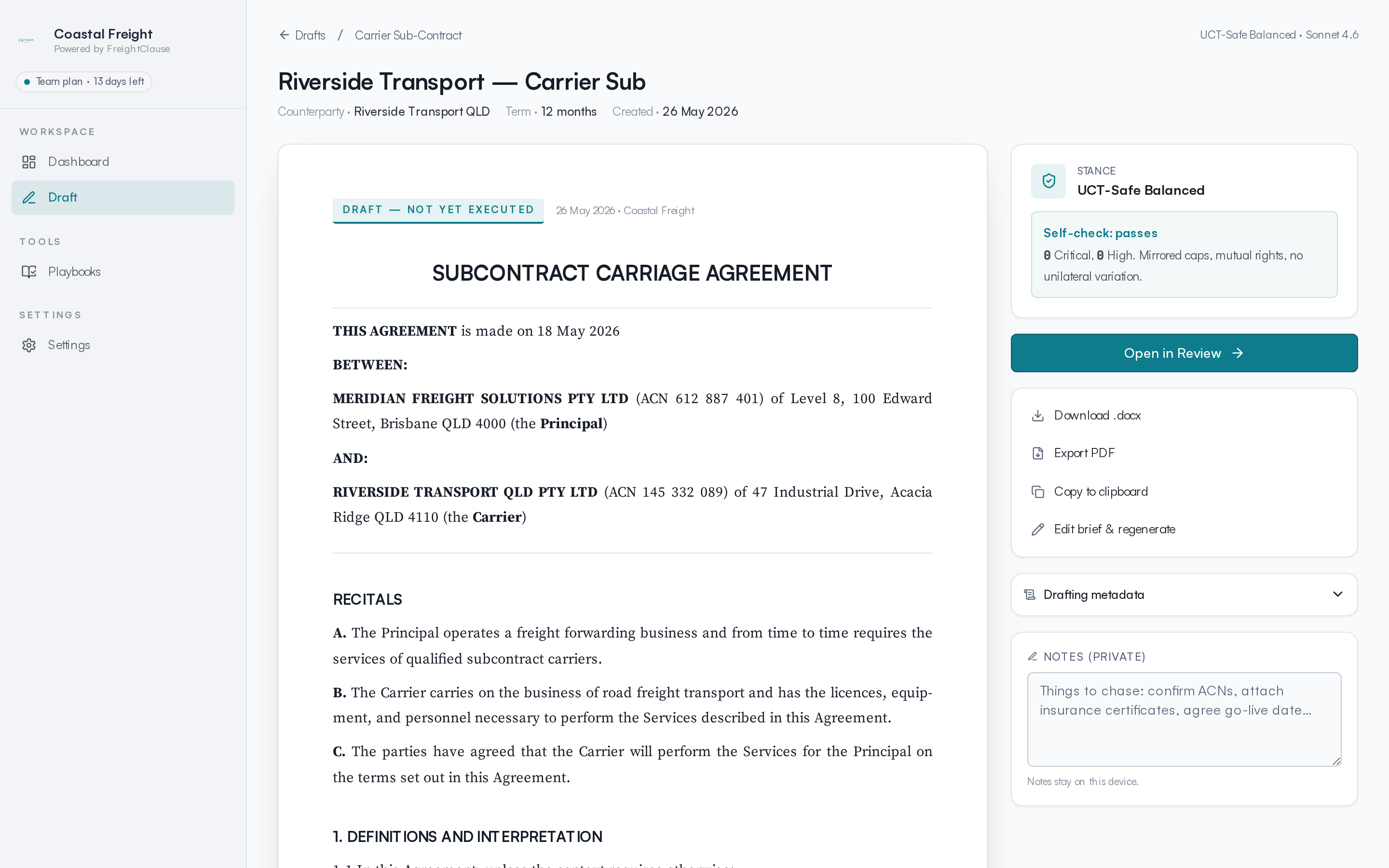 Generated UCT-safe carrier subcontract draft with brand stamp