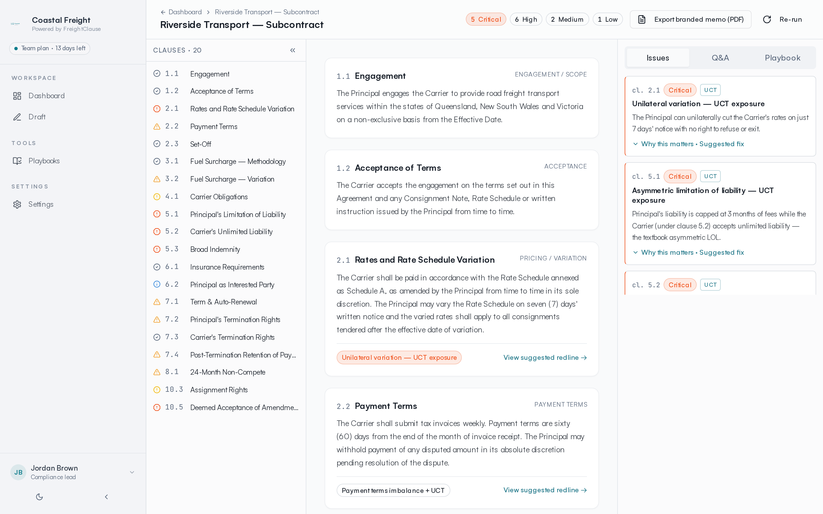 Clause-by-clause review with severity ranking and redline suggestion