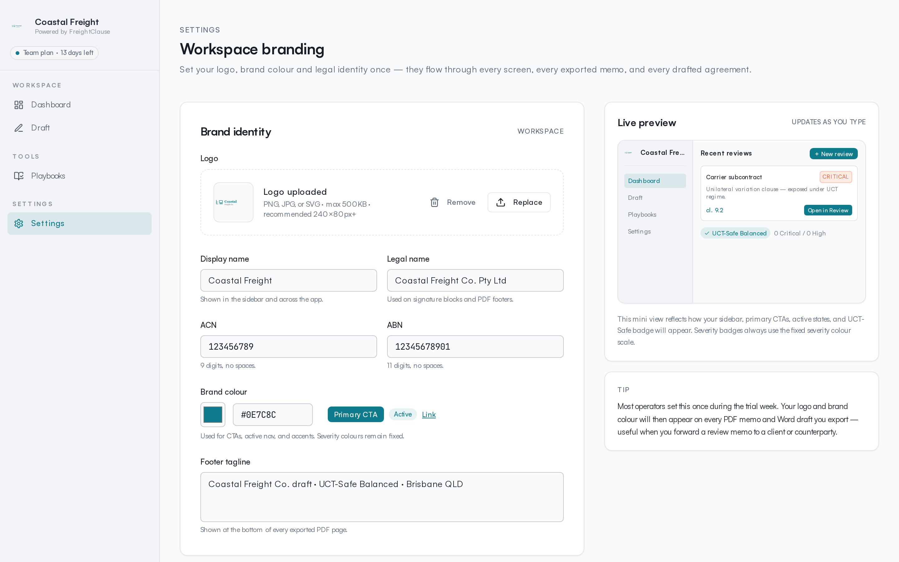 Workspace branding settings with live preview